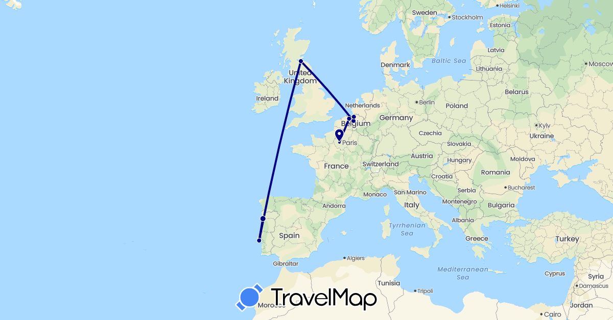 TravelMap itinerary: driving in Belgium, France, United Kingdom, Portugal (Europe)